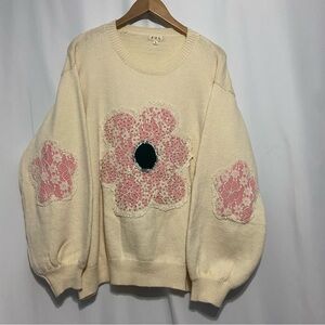 POL Cream Sweater with Pink and green Details. Lace and Pearls. Size Large